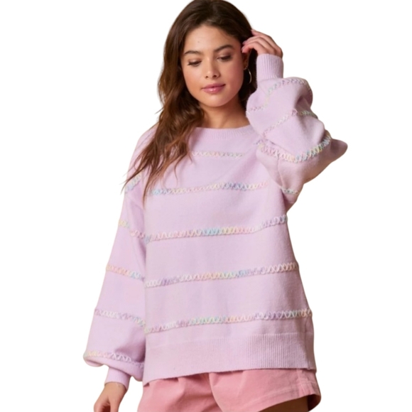 Fantastic Fawn Sweaters - NEW Pastel Lavender/Pink Stitch Knit Sweater Oversize L/XL/XXL